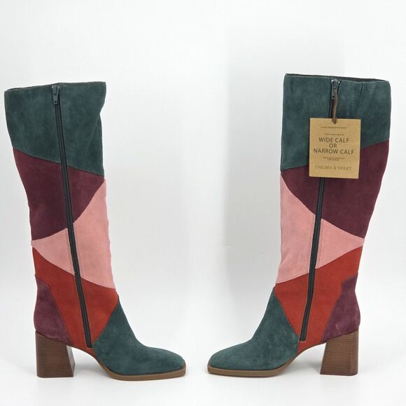 Chelsea Violet Lulu Patchwork Tall Boots Womens Size 6 Suede Leather Disco 70s - Picture 2 of 10